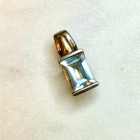 Aquamarine baguette necklace charm 925 silver and 18K gold vintage - Picture 3 of 5